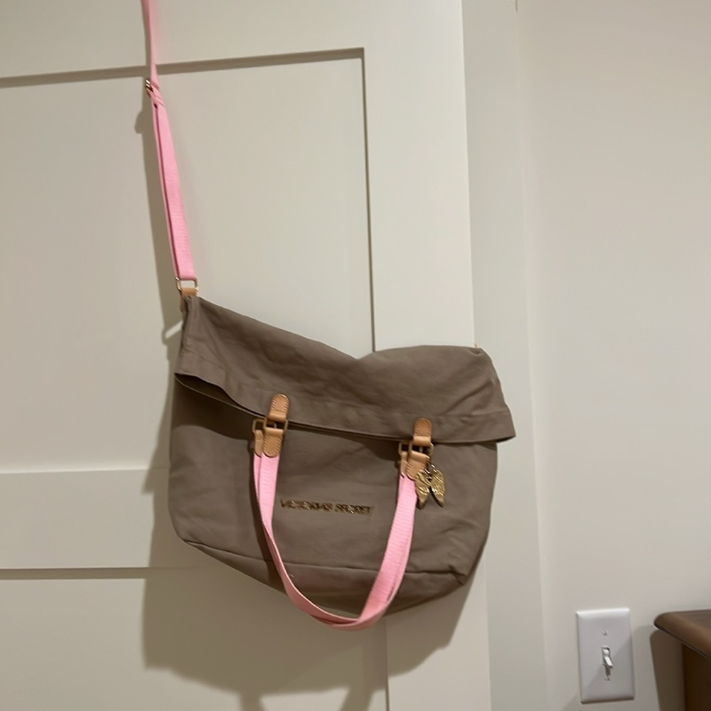 VTG VS canvas tote 16x16 two pink handles + shoulder strap inside security purse